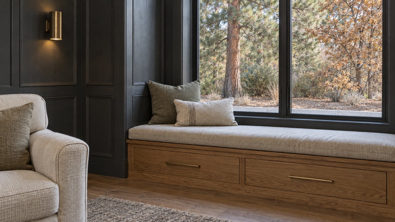 A charcoal-paneled sitting bay with an oak window bench, linen cushion, brass sconce and autumn trees beyond closed glazing.