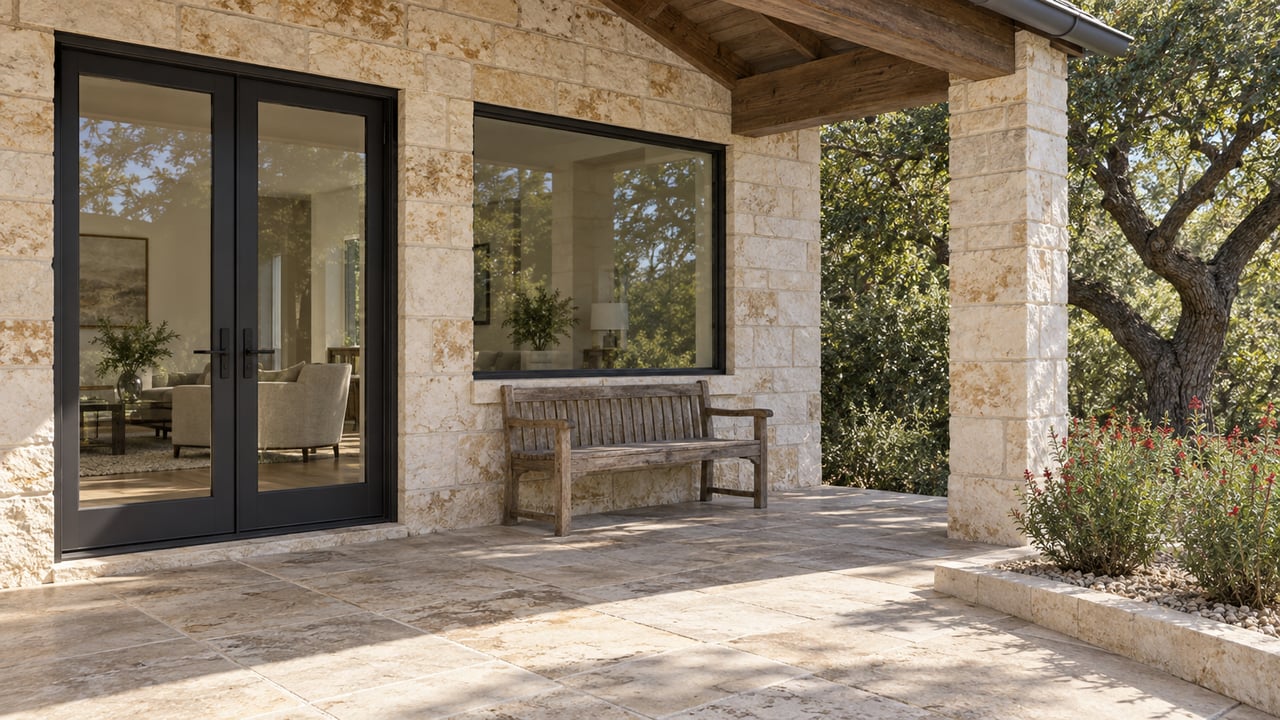 Limestone home with a timber-covered patio, closed black-framed glass doors, a weathered wood bench and a mature oak beside a raised planting bed.