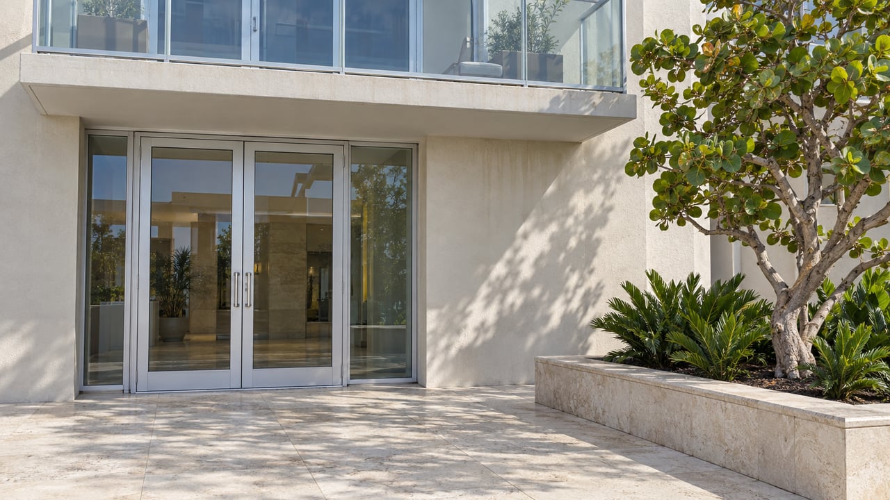 Cream stucco condominium entrance beneath a glass balcony, with limestone paving and a raised planter holding a sea grape tree and coontie.
