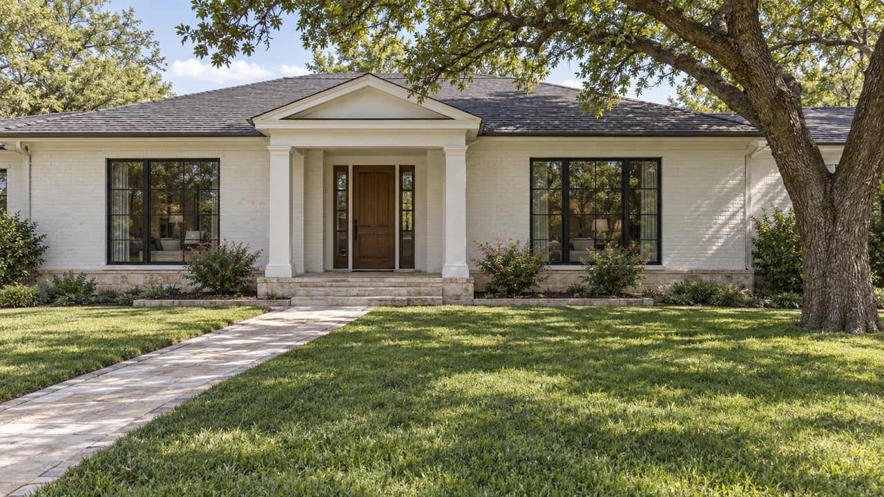 Painted white brick home with a paired-column portico, limestone walk, deep front lawn and spreading live oak.