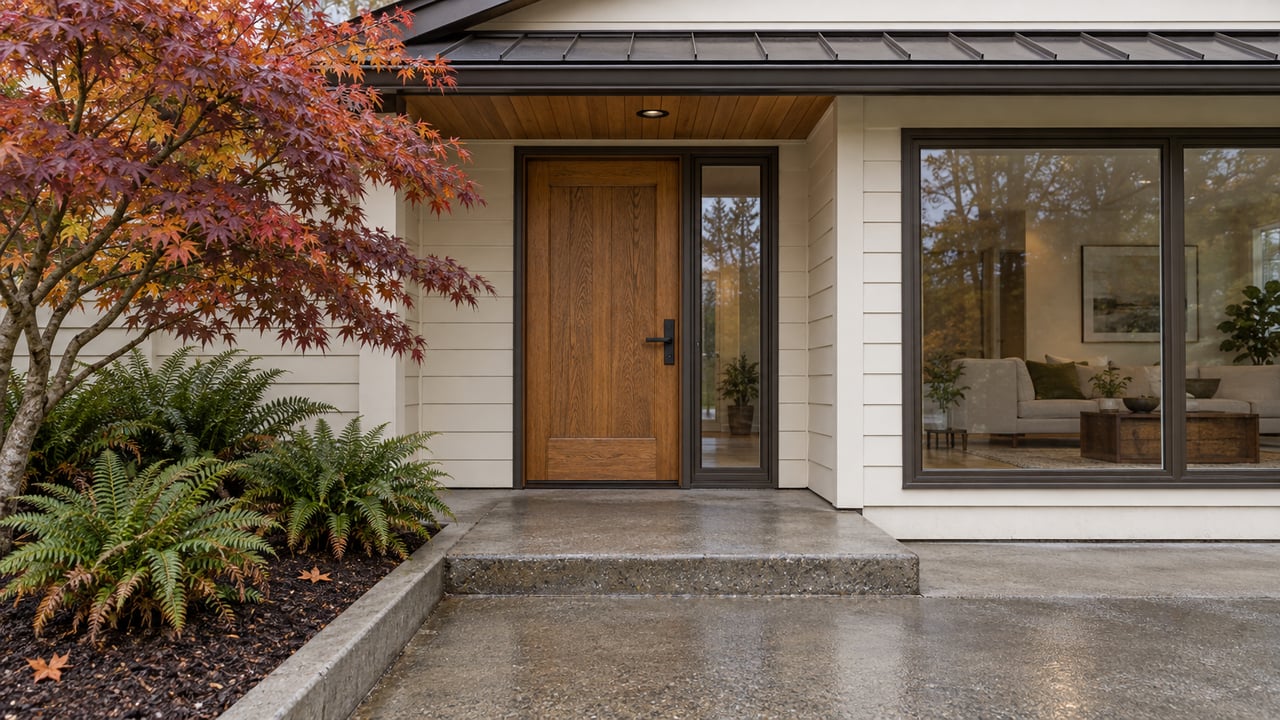 A sheltered oak front door and bronze-framed windows above a damp concrete approach, beside an autumn vine maple and sword ferns.