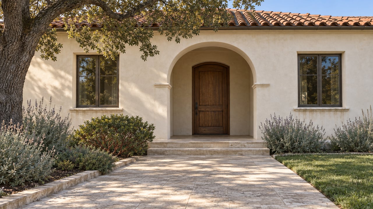 Cream stucco home with a terracotta roof, recessed arched oak entry, and limestone approach beside an oak and drought-aware planting.