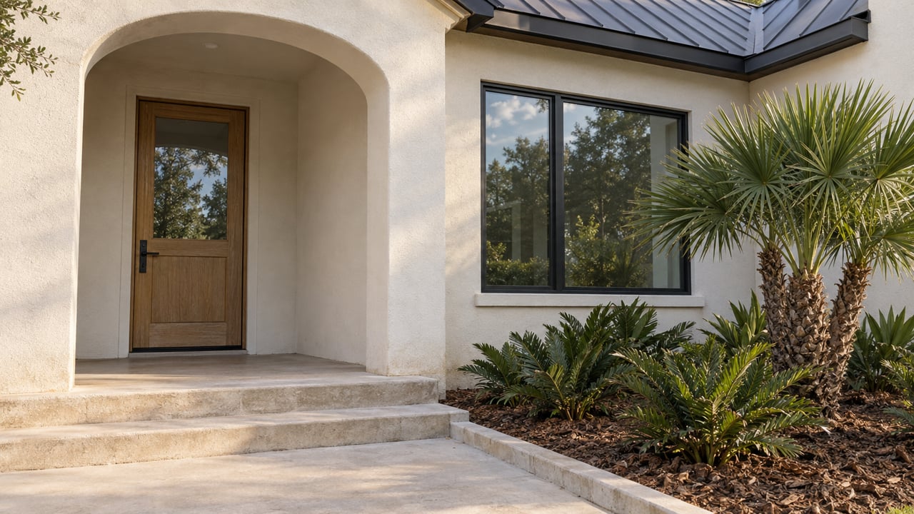 Warm white stucco home with a recessed arched entry, oak front door, black-framed window and sculptural native planting.