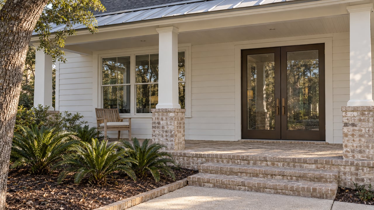 Sunlit pale-sided home with a shaded brick porch, bronze glazed entry doors and coontie planting beneath a live oak.