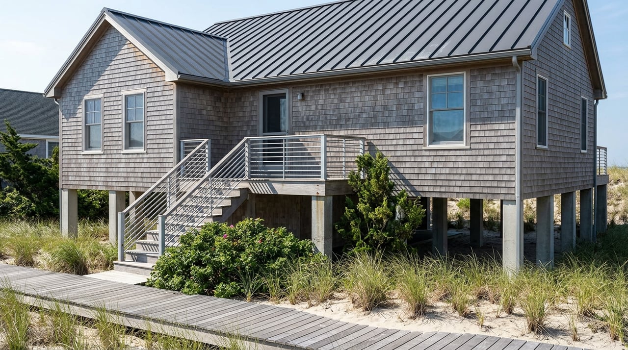 Elevated coastal home with gray-brown cedar siding, charcoal metal roof, exterior stairs, and beachgrass in the foreground.