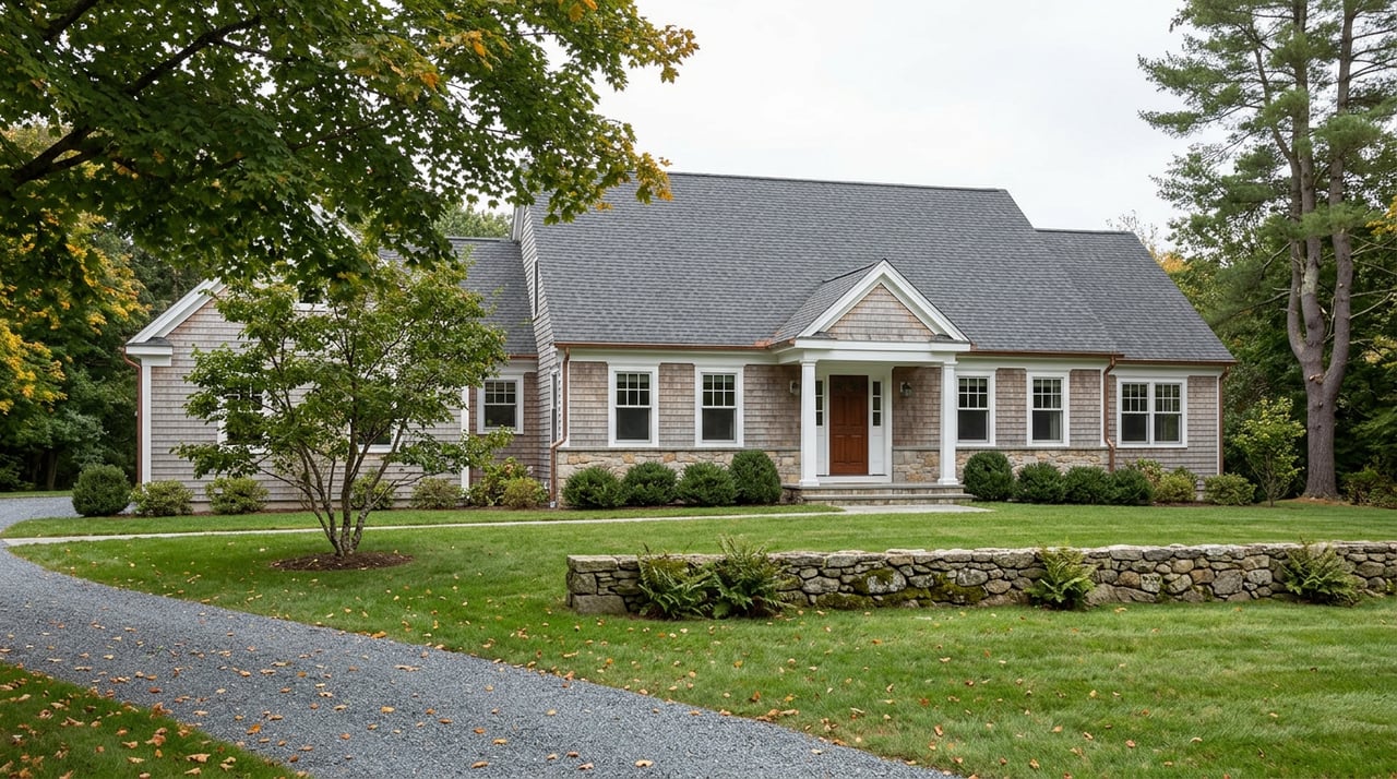 Silver-gray shingle-style house beyond a broad lawn, with a fieldstone wall and gravel path.