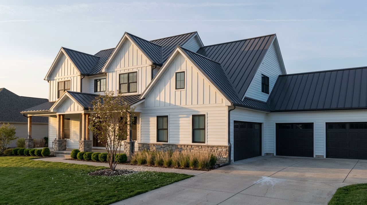 Modern farmhouse with white siding, charcoal metal roof, stone porch, and serviceberry tree beside the entry.