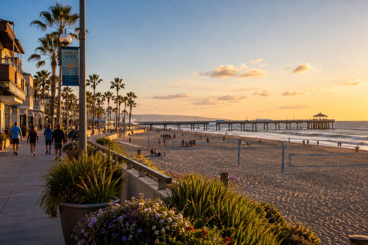 Hermosa Beach at sunset, with palm-lined shops, sandy beach, and pier.