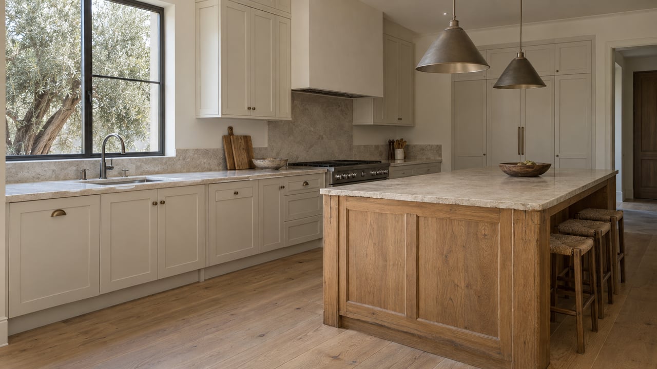Roomy kitchen with an oak island, pale stone counters, painted cabinets, and an olive tree visible through the window.