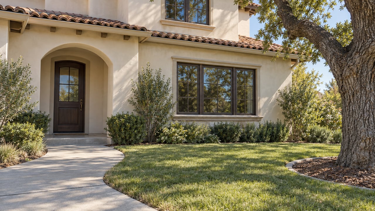 Ivory stucco home with terracotta roof tiles, a recessed arched timber entry, divided windows and a curved concrete walk through an established lawn beside a mature oak.