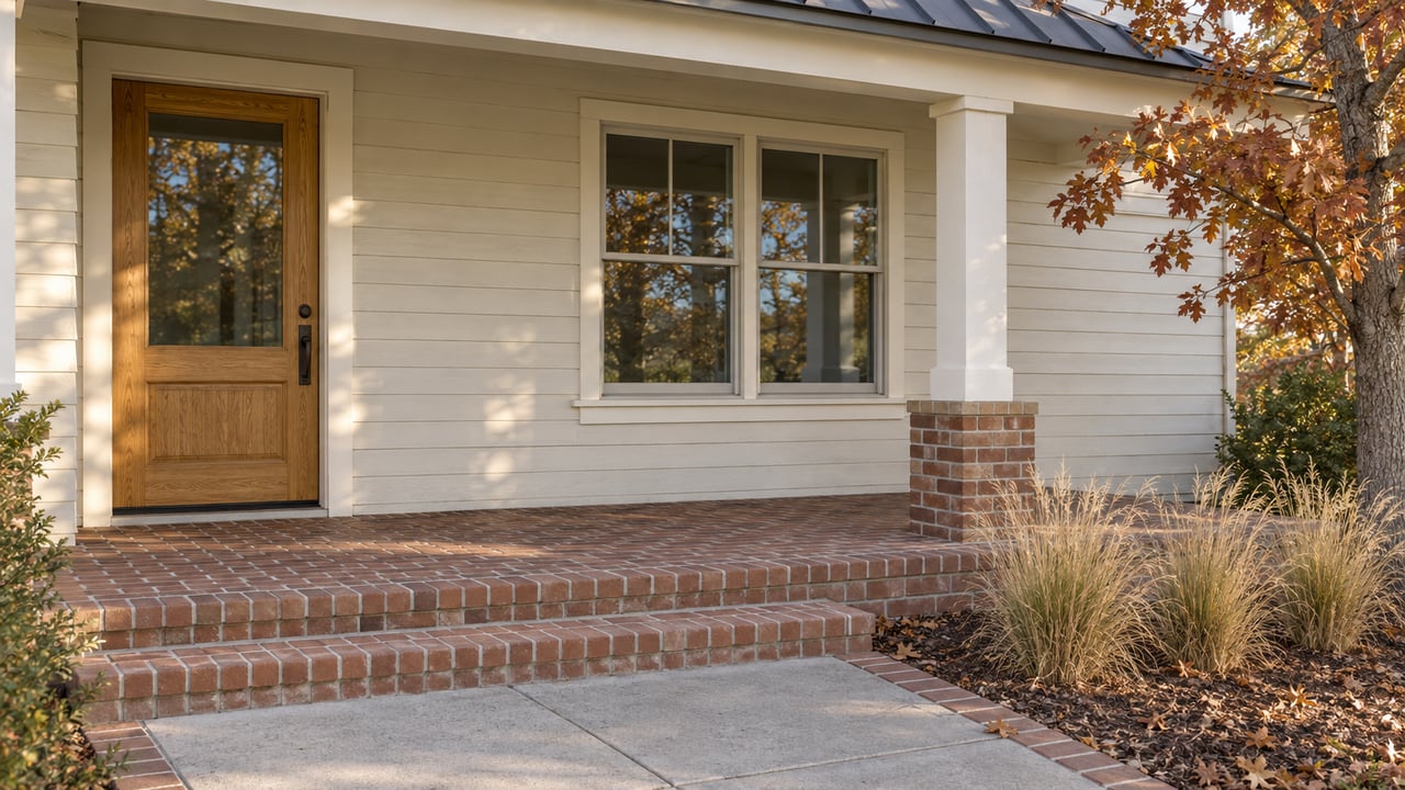 An ivory clapboard home with an oak entry door, brick porch steps and russet oak foliage in autumn afternoon light.