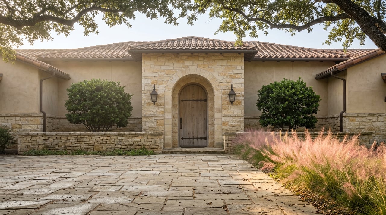 Stone-arched estate entrance beneath a live oak, with limestone walls and a flagstone motor court.