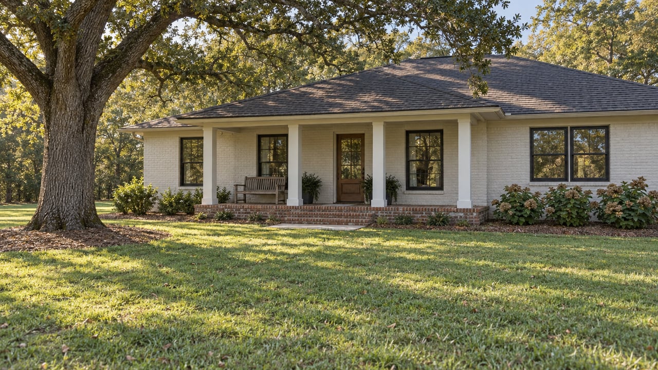White-painted brick home with a shaded columned porch, broad lawn, and mature spreading oak in warm afternoon light.