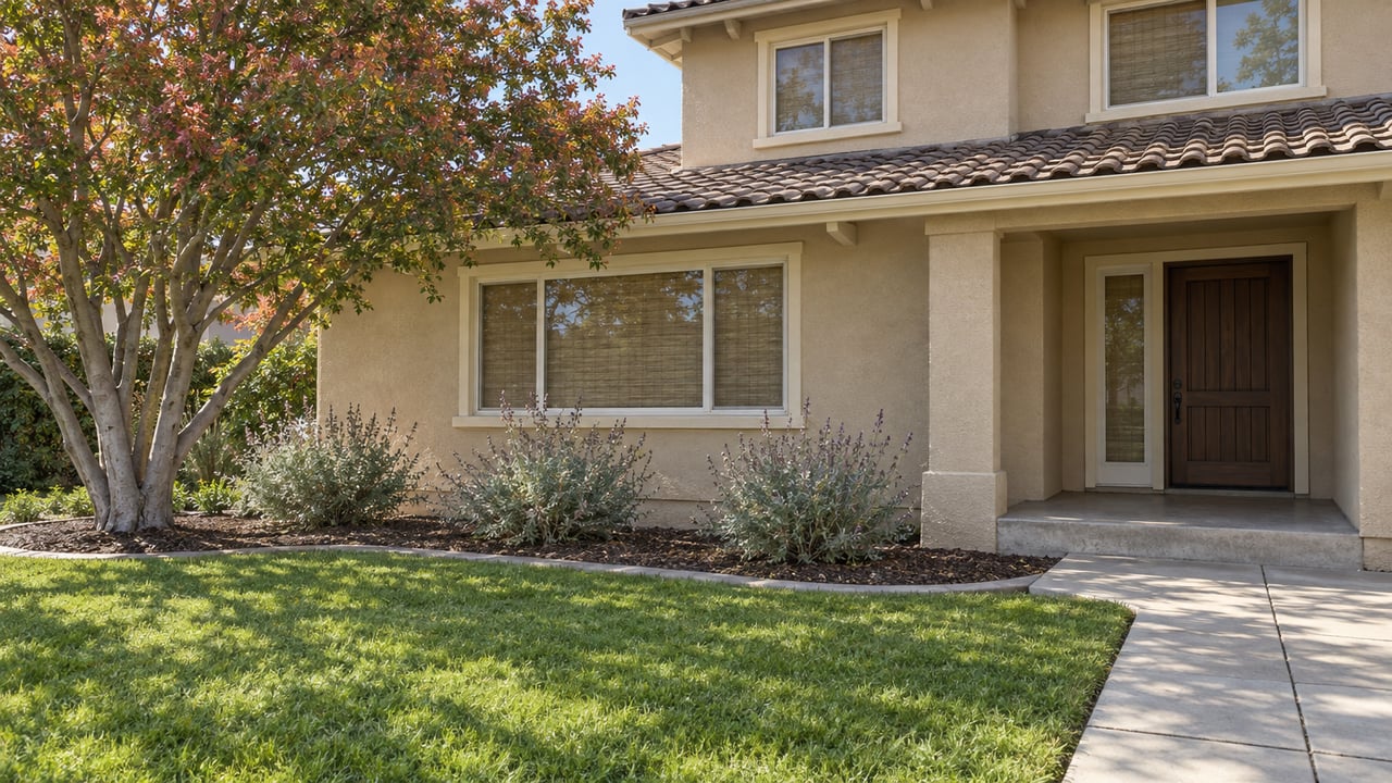 Two-story sand-colored stucco home with a concrete-tile roof, deep front lawn, curved walk and a branching tree beside the porch.