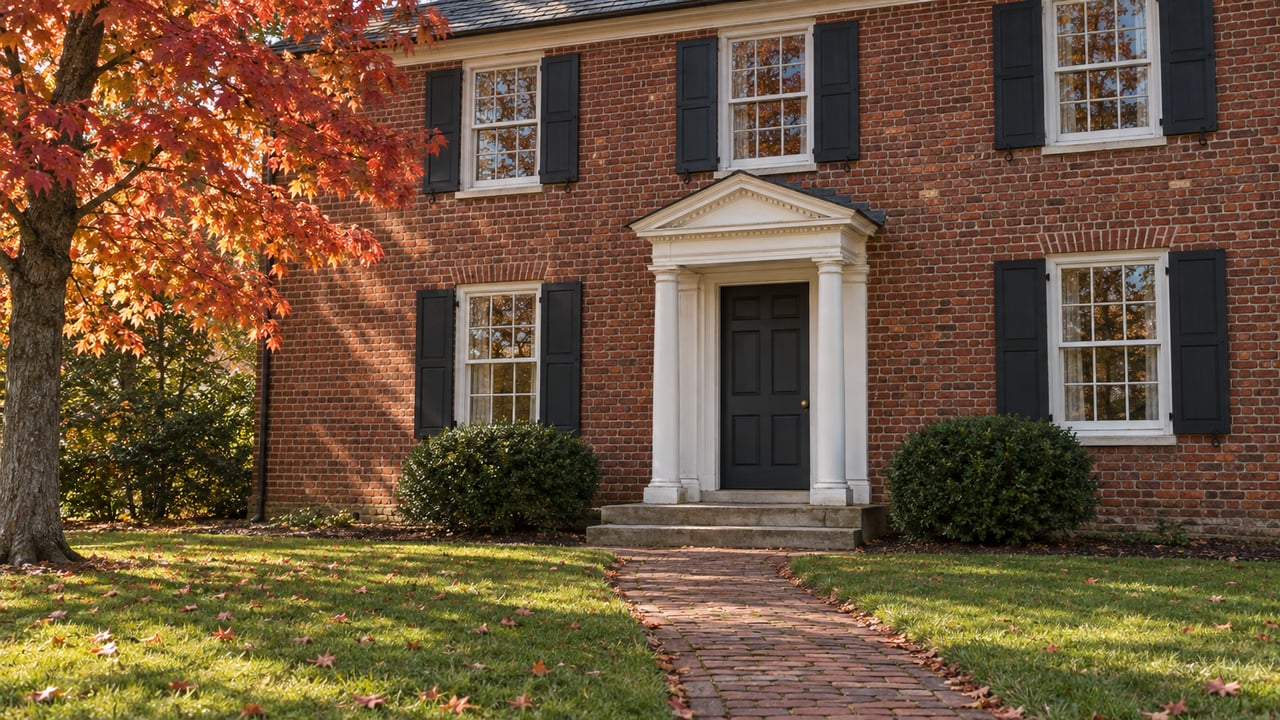 Red brick home with a white columned portico, dark shutters, brick approach, and autumn maple beside a green front lawn.