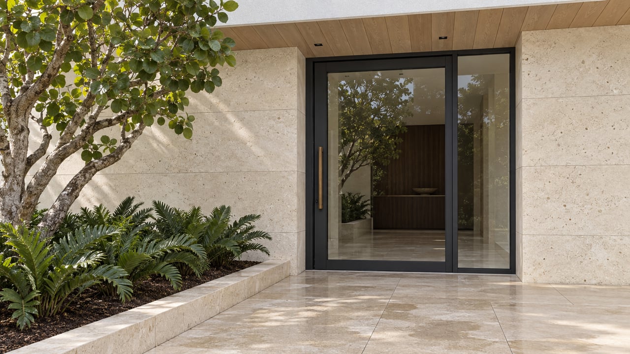 Contemporary limestone and white-stucco entrance with a closed glass door, pale wood canopy and sculptural sea grape tree.