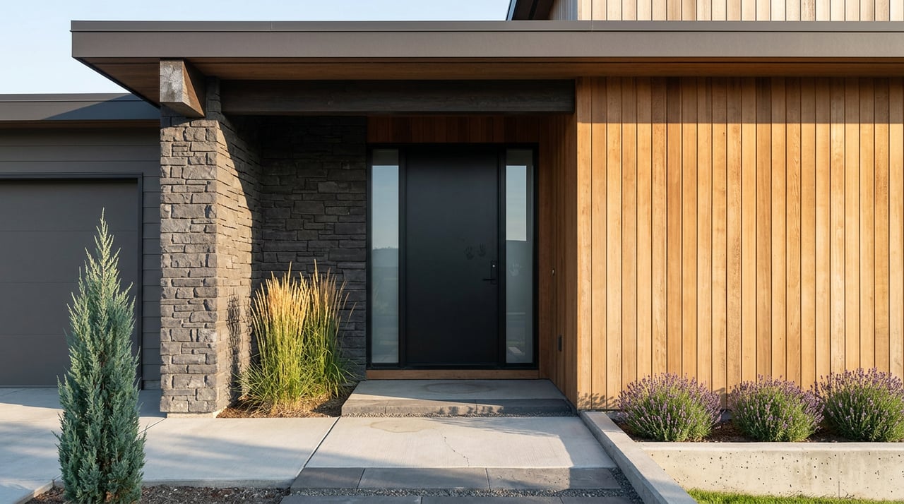 Modern home entry with a black pivot door, charcoal stone column, cedar cladding, and basalt steps.