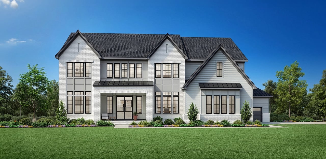 White brick house elevation built by Toll Brothers for Shinleaf Estates