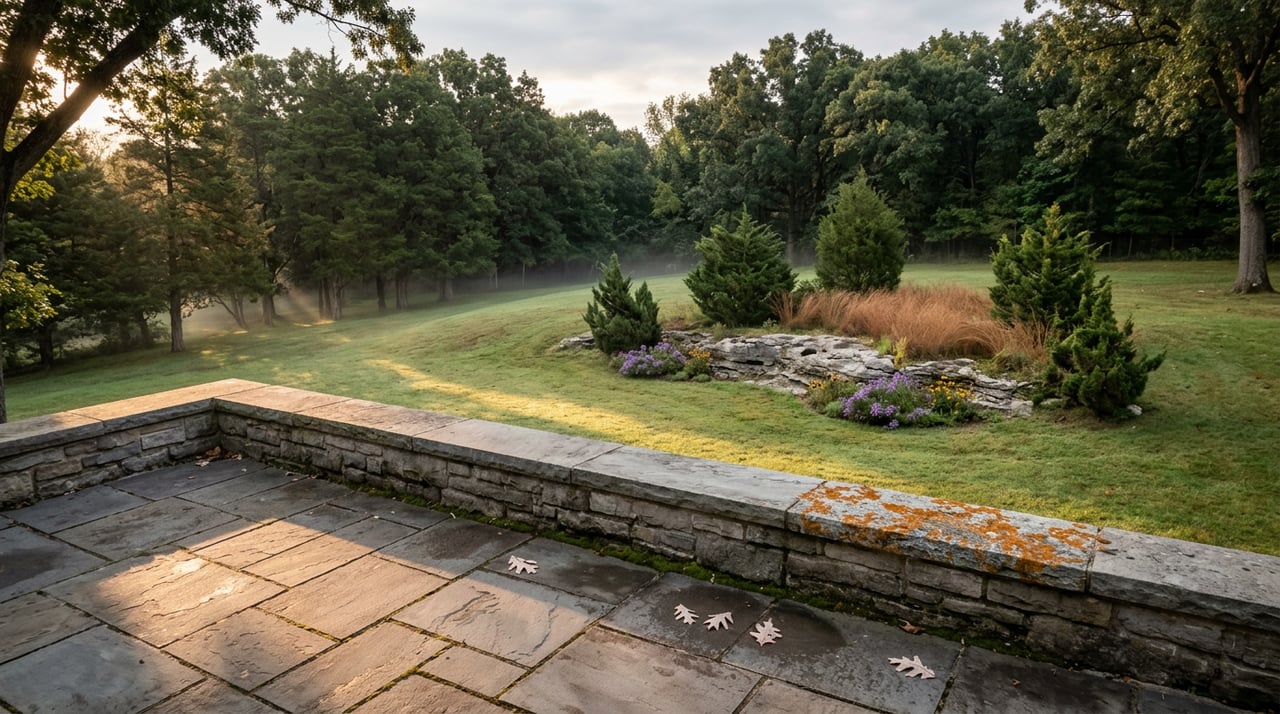 Bluestone terrace overlooks a sloping lawn and limestone outcrop beneath misty cedar and oak trees.