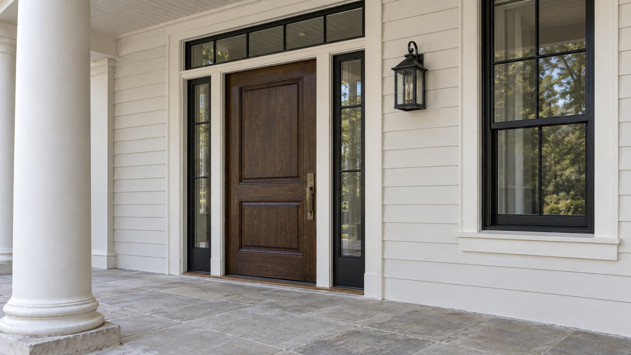 Covered porch entry with a dark oak door, glazed sidelights, a white round column and pale limestone paving.