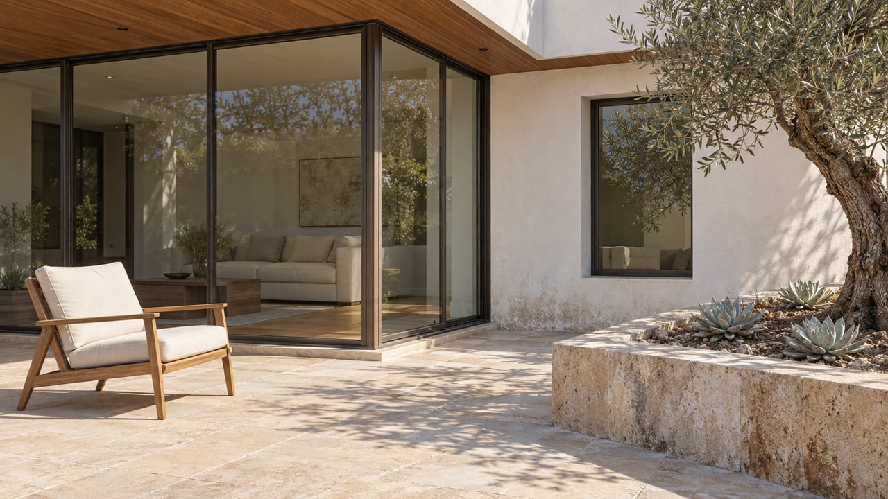 Modern home patio with glass walls, a wooden lounge chair, and an olive tree planter.