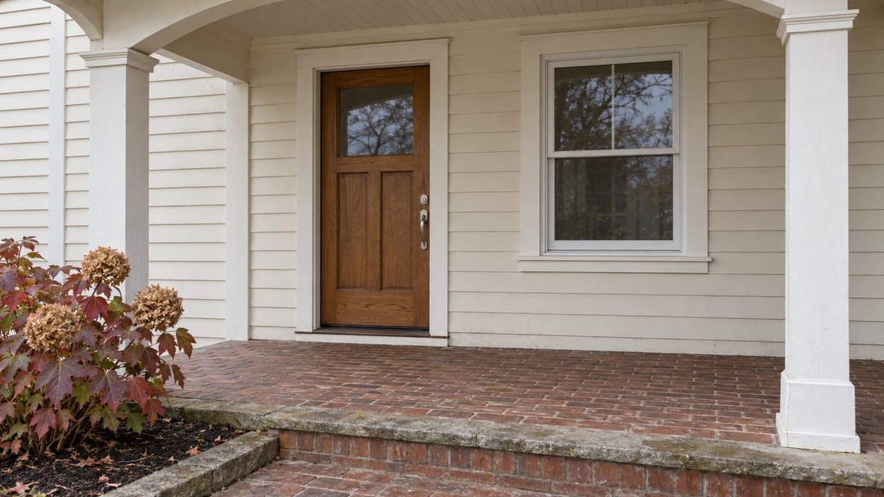 An ivory-sided home's covered porch with a white arch, oak front door, aged brick floor and burgundy oakleaf hydrangea.