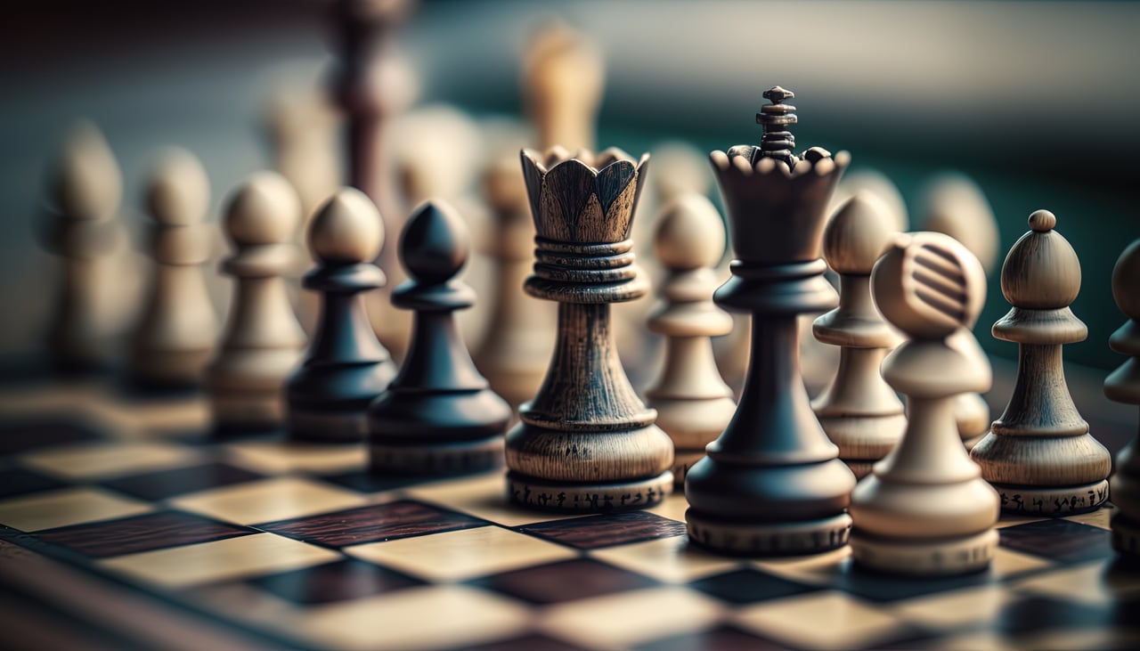 Close-up of a wooden chessboard with various pieces, including kings, queens, and pawns, strategically arranged mid-game. Much like a real estate agent navigating property deals, each move on the board is crucial for success.