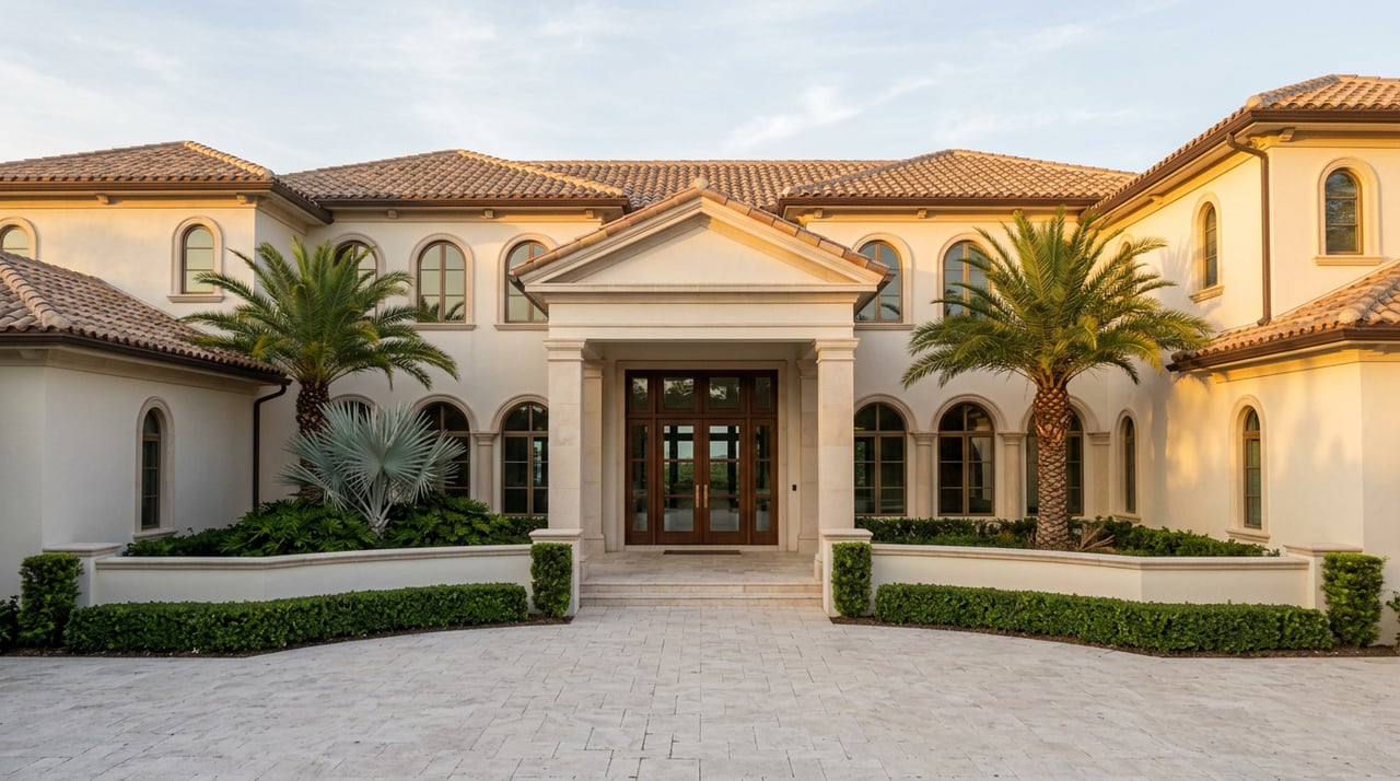 Ivory stucco estate with central portico, clay-tile roof, palms, and travertine motor court.