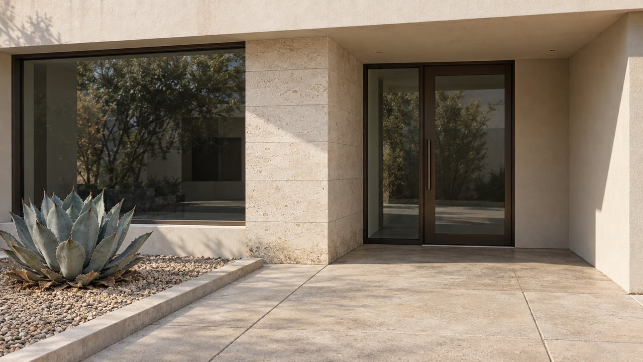 Sunlit ivory-stucco home entry with bronze-framed glass, a limestone pier and one blue-gray agave beside pale concrete paving.