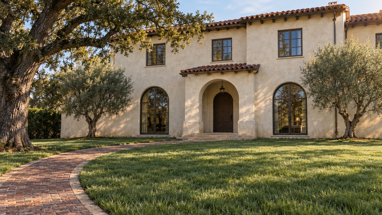 Cream-stucco estate with clay tile roofing, arched glazed openings and a brick approach crossing a deep lawn beside a mature oak.