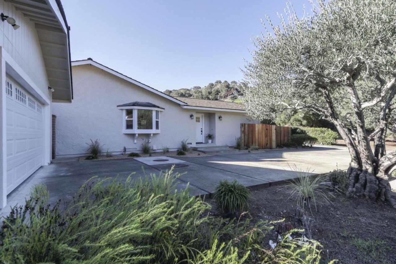 Single-story stucco home with a garage, driveway, and large olive tree in the front yard.