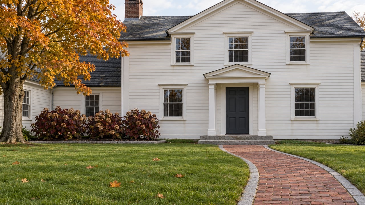 White clapboard home with a charcoal front door, granite entry steps, brick walk, and autumn maple beside a broad lawn.