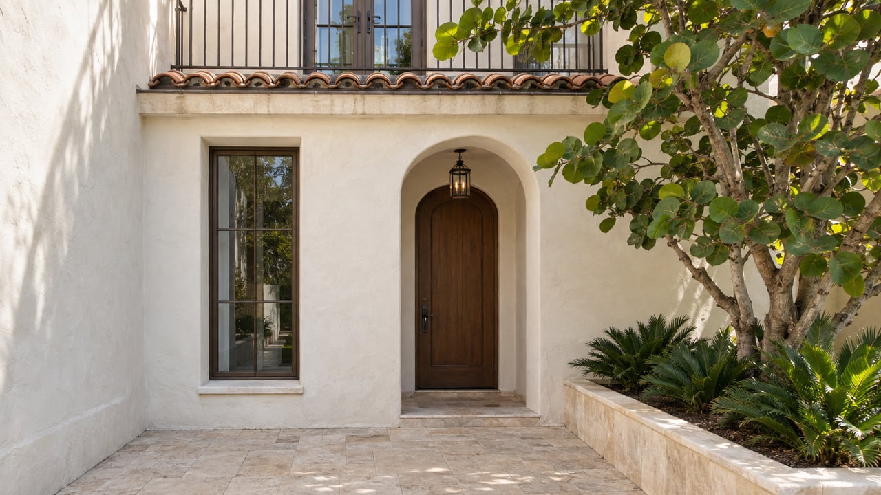 Pale stucco townhouse with an arched oak entry, bronze-framed window, shallow balcony, and raised tropical planting bed.