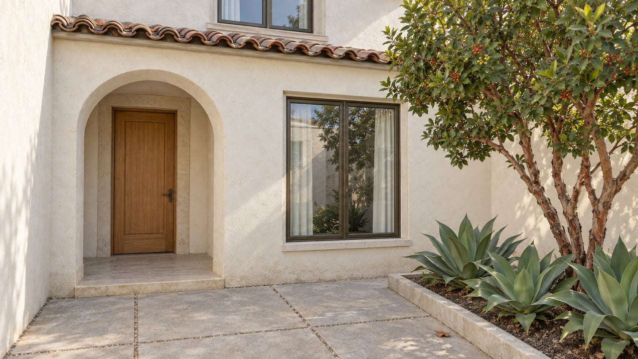 Ivory stucco home with a sheltered oak entry door, bronze-framed windows and a paved courtyard beside a strawberry tree and sculptural agaves.