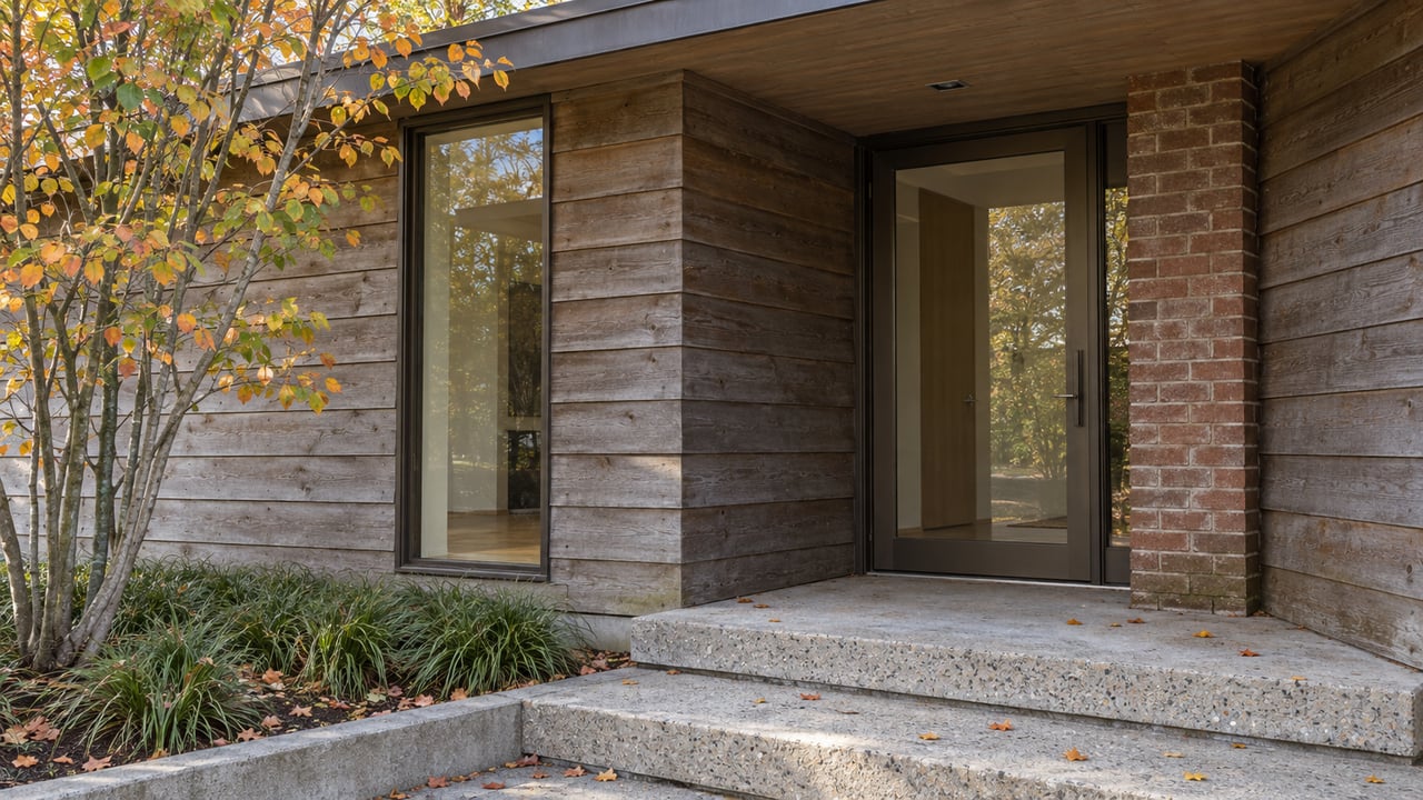 Recessed bronze-framed glass door beside a red-brown brick pier, under a cedar-sided overhang with concrete steps.