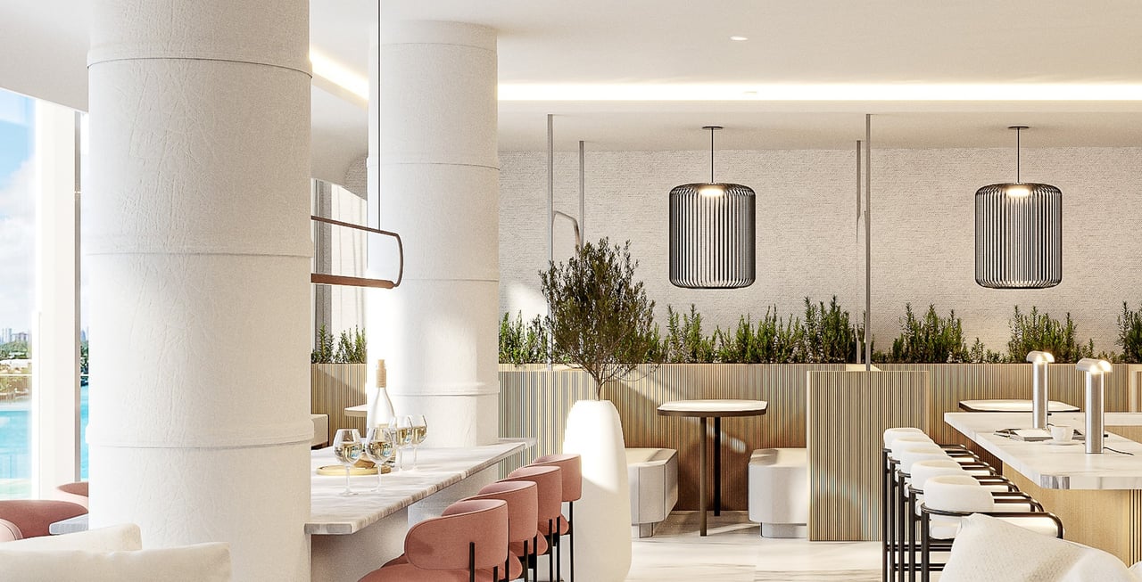 Rendering of club room bar and seating at La Baia South in Bay Harbor Islands.