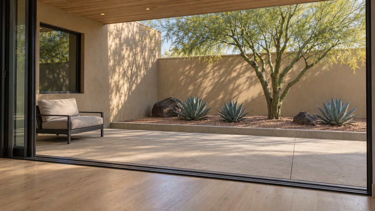 A shaded modern home's sliding doorway opens onto a concrete patio and enclosed courtyard with a green-trunked tree and three agaves.