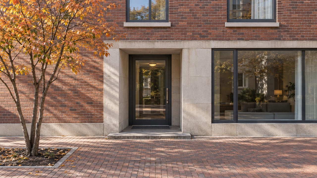 Recessed glazed entrance in a red-brown brick building, beside a small tree with amber leaves.