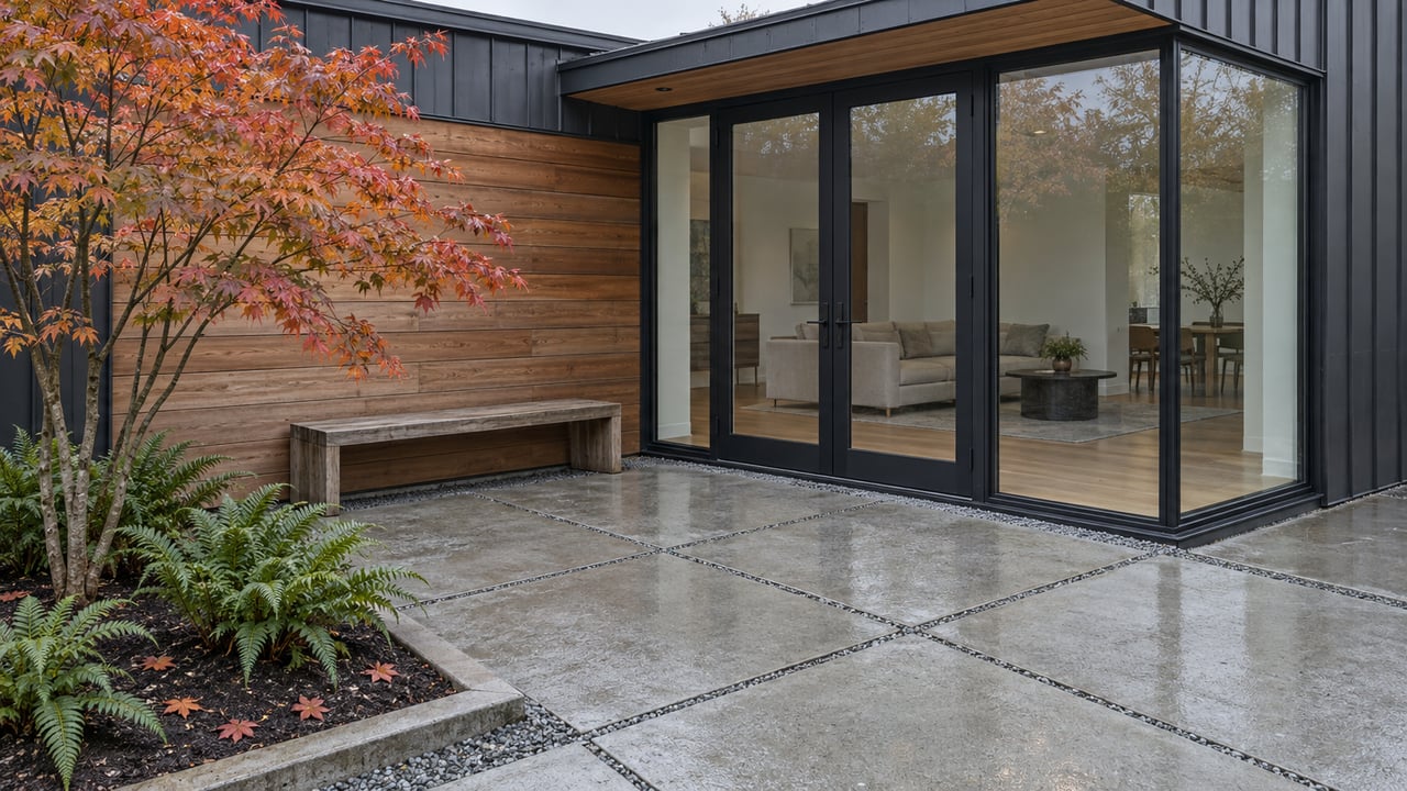 Contemporary home with black metal siding, weathered cedar cladding, closed glass terrace doors, and concrete paving beside an autumn vine maple and sword ferns.