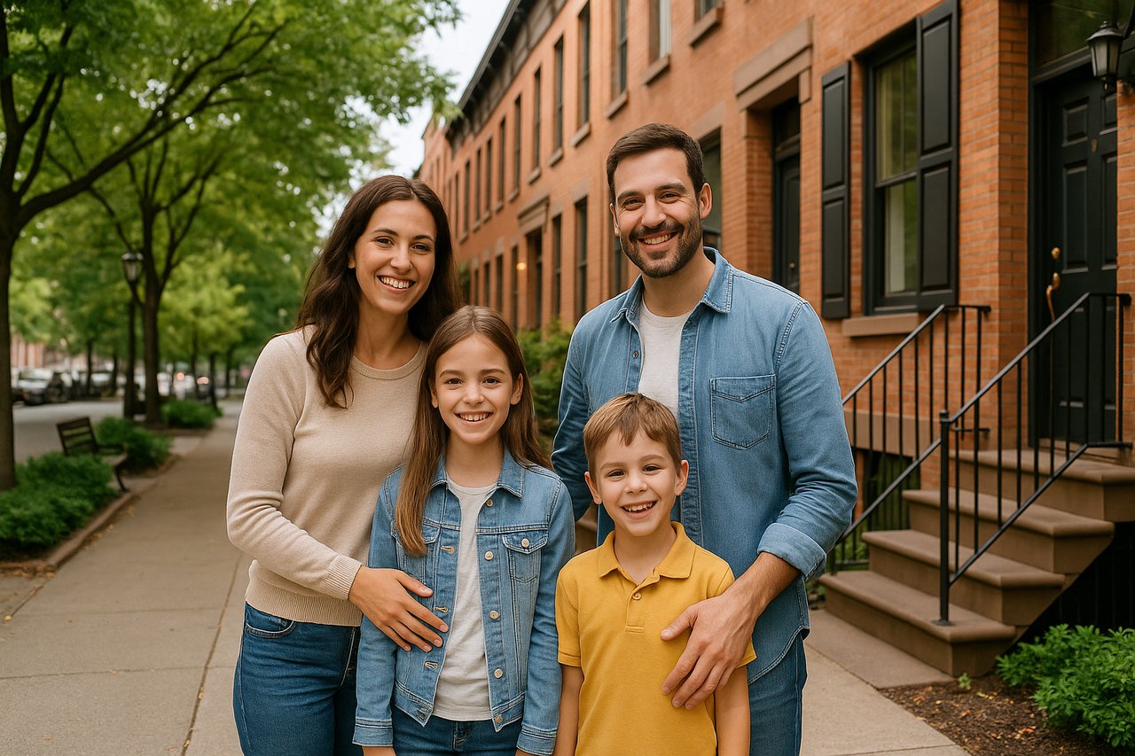 Smiling family of four standing on a Hoboken sidewalk, with brick townhouses and green trees in the background.