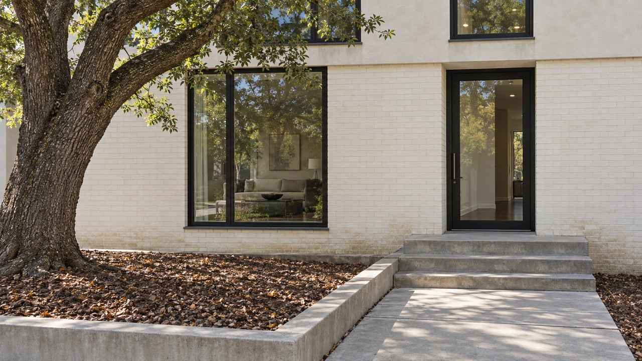 Contemporary white-brick home with black-framed windows, a raised concrete entry and a live oak shading the front court.