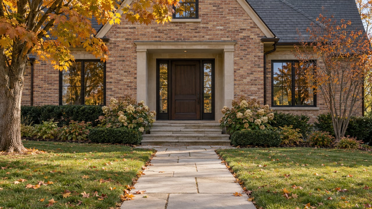 Brick home with a dark timber door, limestone walkway, and amber maple leaves.