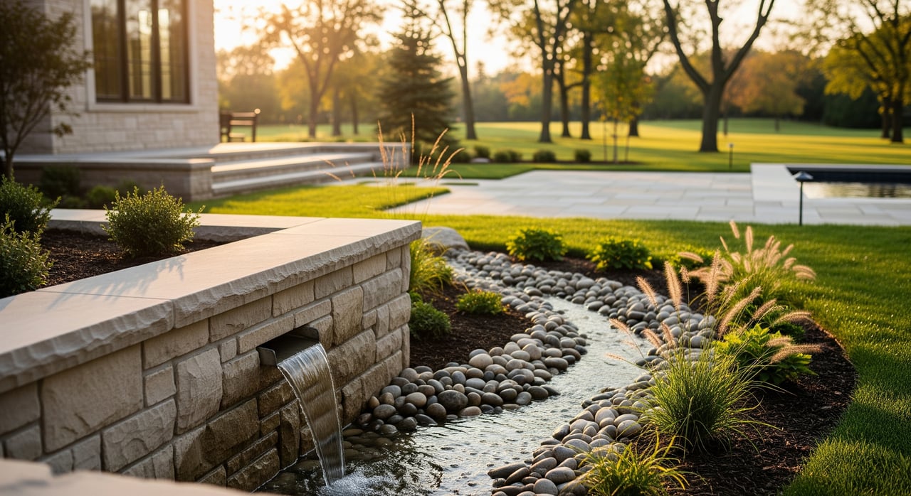 Stone garden wall spills water into a pebble-lined stream beside ornamental grasses and a sunlit lawn.