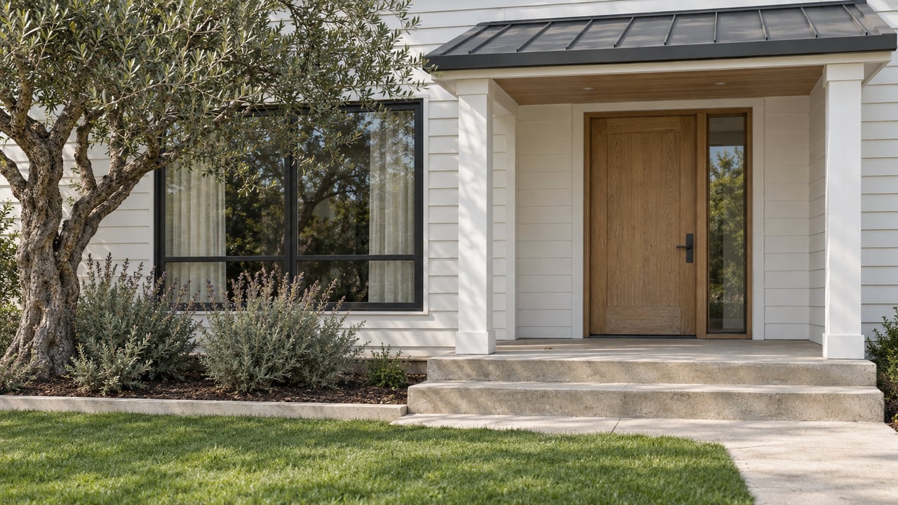 White-sided home with an oak front door, charcoal porch roof, broad concrete steps and a mature olive tree.