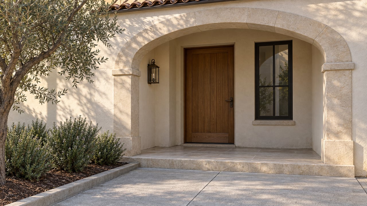 Sunlit stucco entry with a limestone arch, oak door, clay roof tiles and an olive tree beside a broad paved approach.