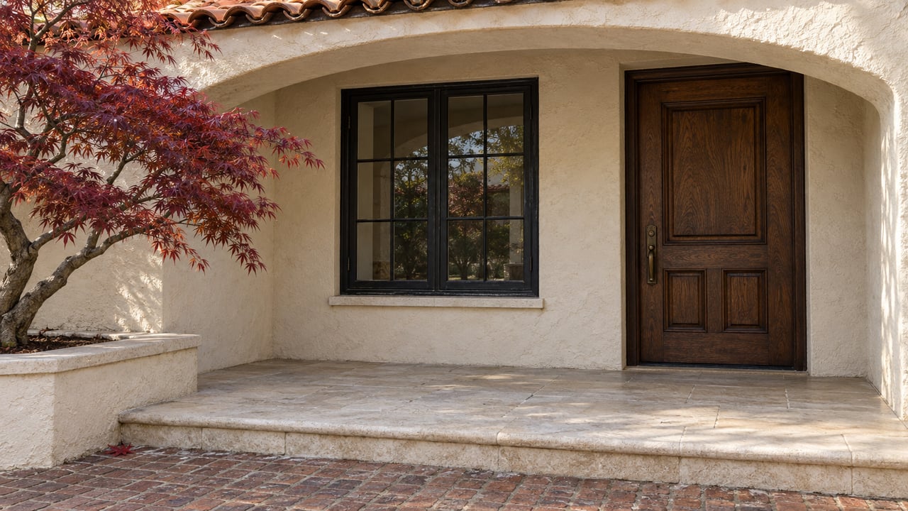 Cream stucco porch with a clay tile roof, black casement window, oak entry door and weathered limestone step beside a Japanese maple.