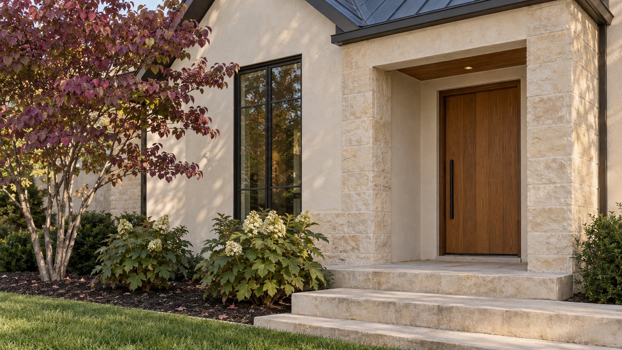 House entry with a warm wood door, limestone steps, dark-framed window, and hydrangeas in a mulched bed.