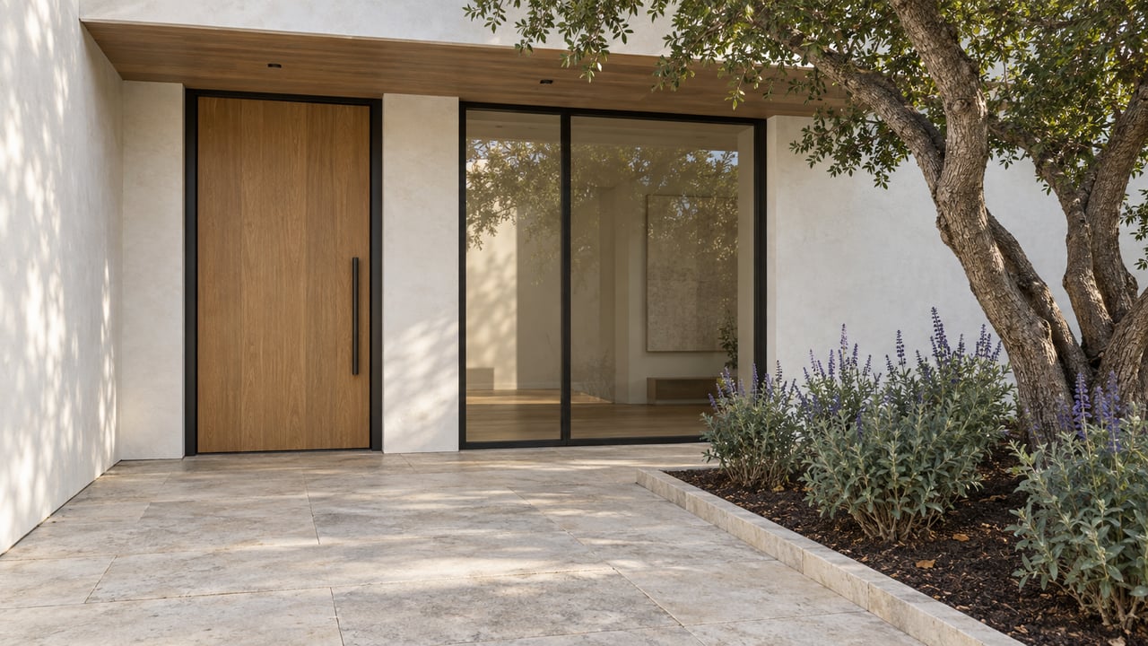 Oak entrance and dark-framed window set in white plaster above limestone paving, beside a mature oak and gray-green sage.