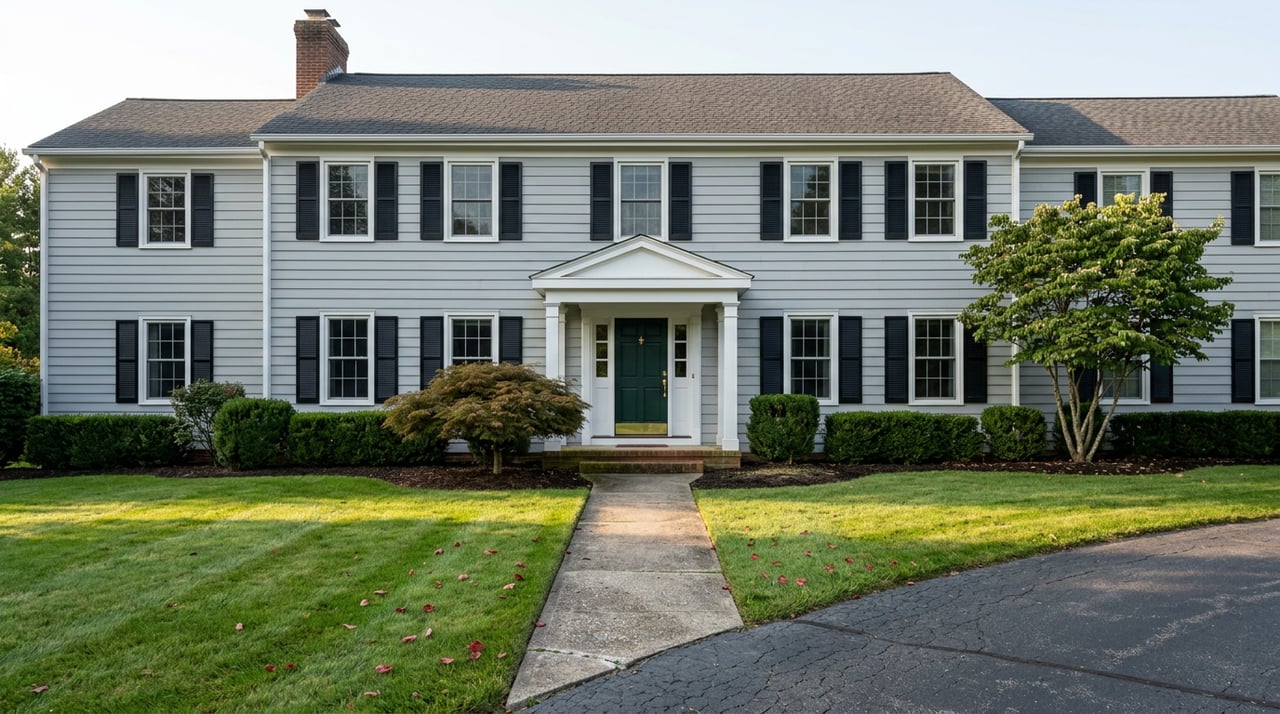 Dove-gray Colonial house with a green front door, brick foundation, clipped boxwoods, and Japanese maple beside a broad lawn.