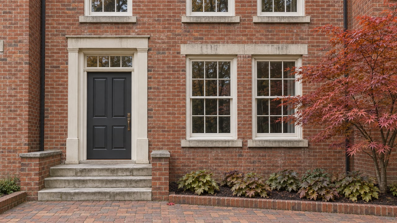Red brick townhouse facade with ivory-framed windows, a charcoal door, worn limestone entry steps and a copper-leaved Japanese maple.